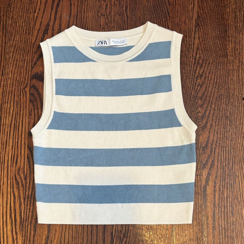 Zara Cream and Blue Striped Knit Tank